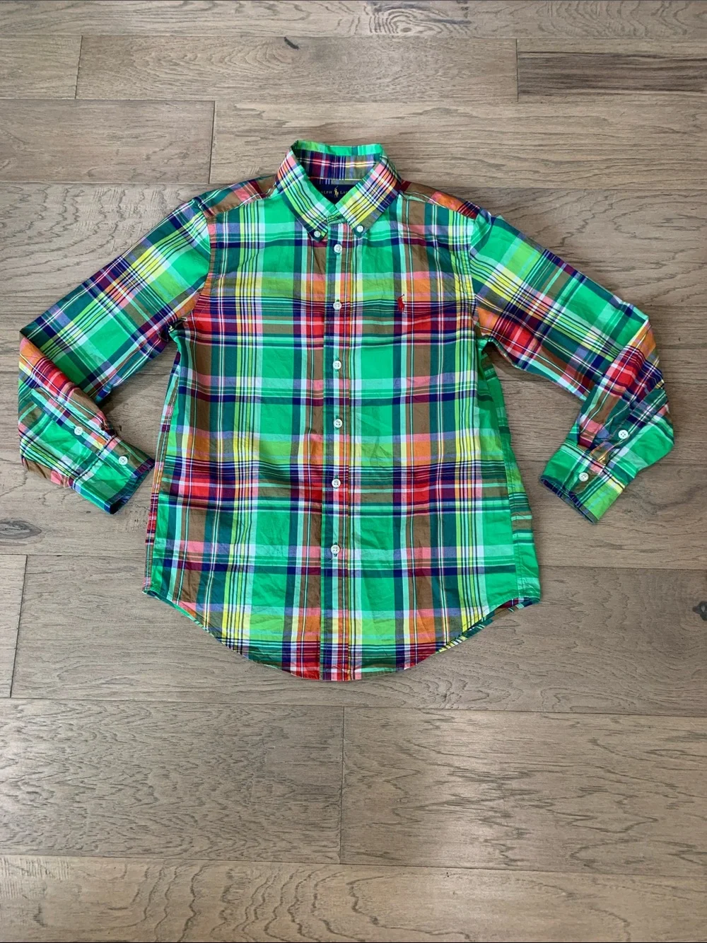 Ralph Lauren Bright Green Multicolor Plaid Button-Down Shirt Size Medium (10-12)
